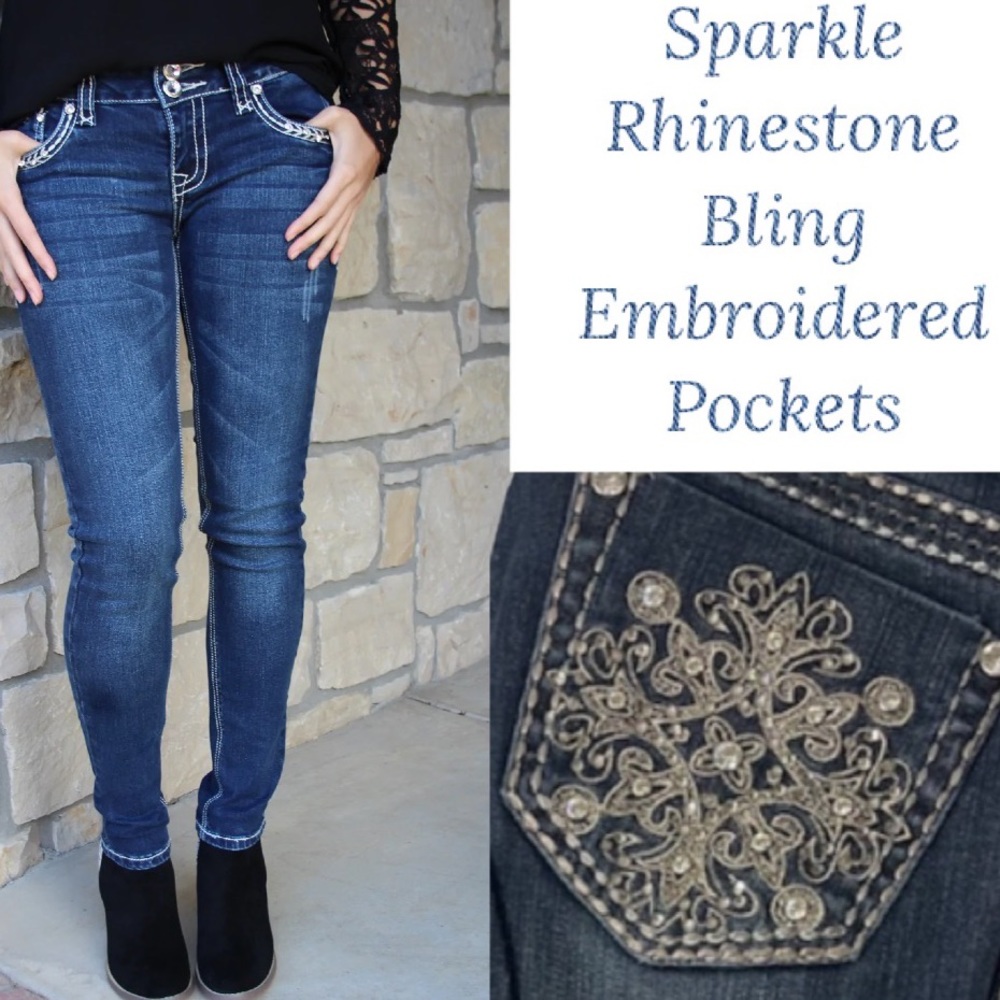 Bling Pocket L.A. Idol Embroidered Embellished Statement Pocket Skinny Jeans